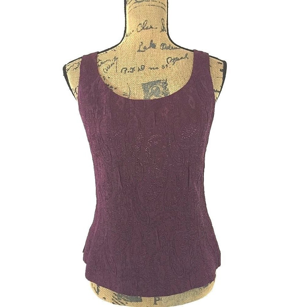 Talbots Top 10 Burgundy‎ Wine Shimmer Paisley Lined Shell Scoop Sleeveless